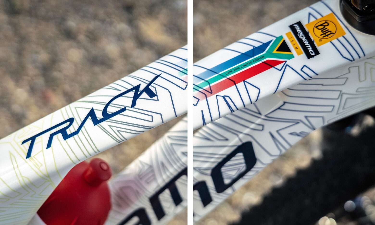 Mountain bike XC Marathon Megamo Track 120mm in carbonio, replica Buff-Megamo Team Cape Epic Limited Edition, dettagli grafici