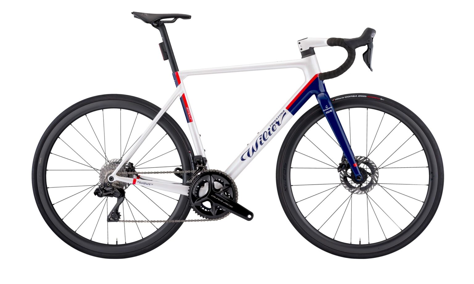 Bici da strada per scalatori in carbonio leggero Wilier Verticale SLR 2024, replica del team pro Groupama-FDJ
