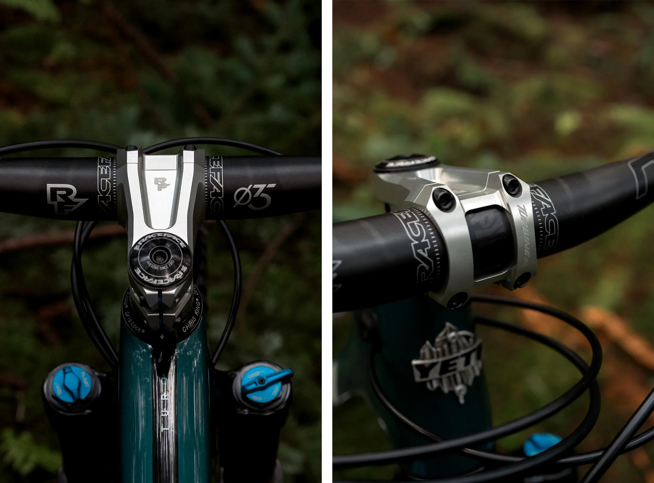 Closeup Dettagli del gambo della turbina a faccia da corsa mostrato su una mountain bike.